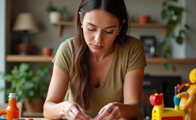 Mulher em sala colorida brincando com objetos, capturando a essência lúdica entre jogo e brincadeira.