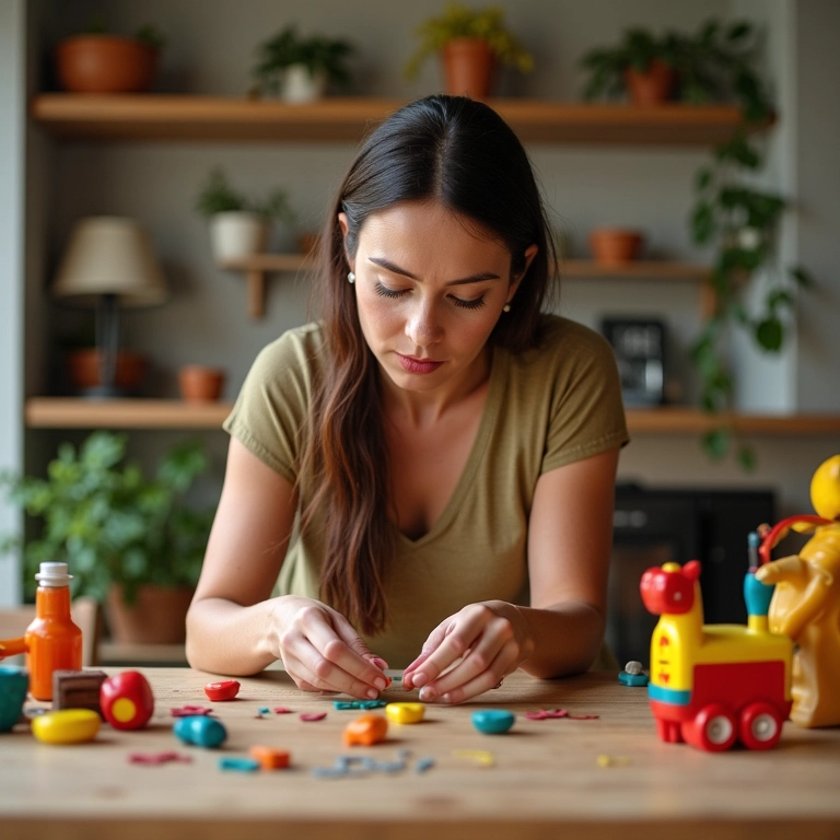 Qual A Diferença Entre Jogo E Brincadeira? Mulher em sala colorida brincando com objetos, capturando a essência lúdica entre jogo e brincadeira.