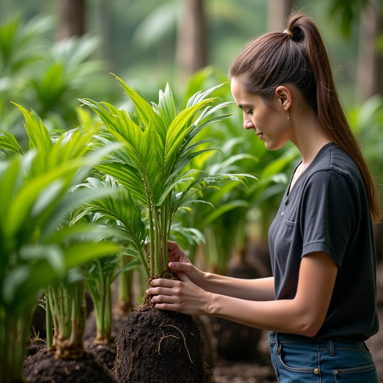 Mulher escolhendo muda de coqueiro em viveiro local.