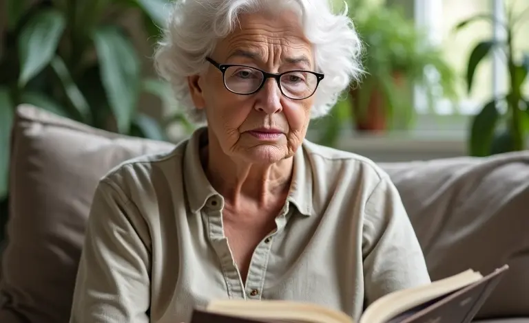 Mulher idosa pensativa olhando álbum de fotos em casa iluminada.