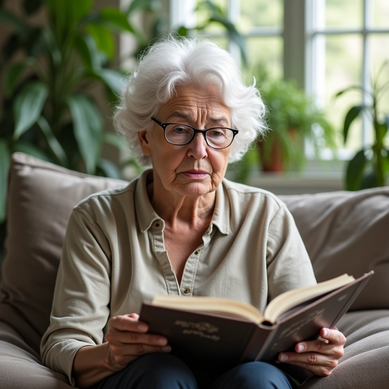 Qual A Diferença Da Demência E Alzheimer? Mulher idosa pensativa olhando álbum de fotos em casa iluminada.