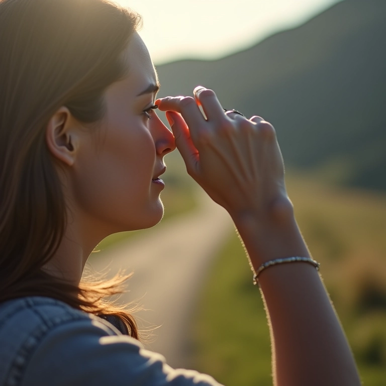 Mulher jovem com dificuldade para ler placa distante, sintoma comum da miopia.