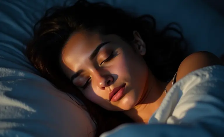 Mulher jovem sonhando, luz suave da lua, atmosfera onírica.