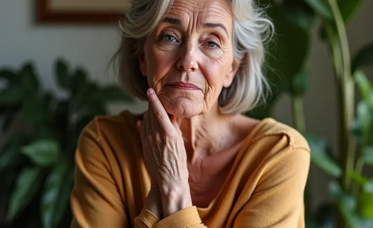 Mulher madura com expressão preocupada, lembrando de algo em casa.