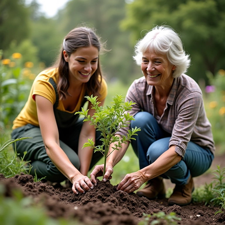 Mulher mais velha e jovem plantando árvore juntas, simbolizando o legado de valor.