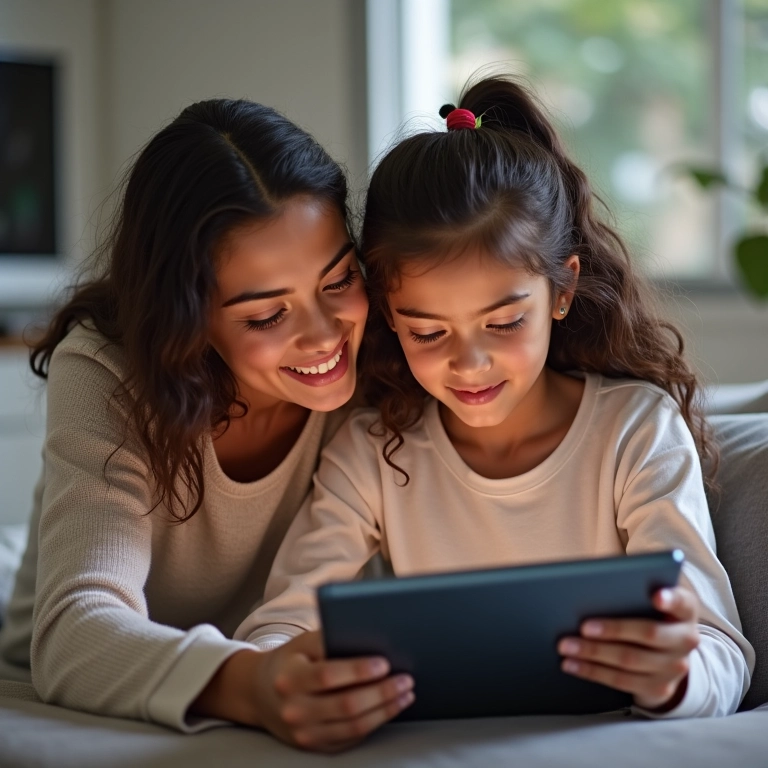 Mulher mais velha ensinando outra a usar tablet para jogar, representando apoio e orientação.