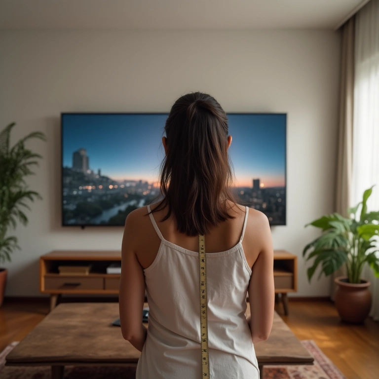 Mulher medindo a distância ideal para assistir TV em sala de estar brasileira.