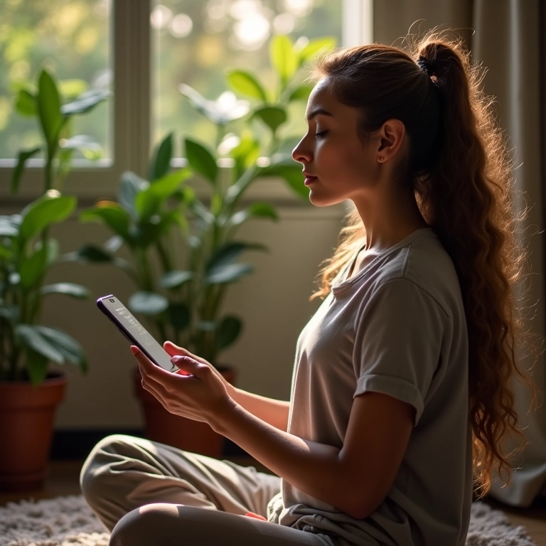 Mulher meditando com um aplicativo de meditação guiada.