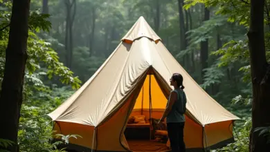 Mulher montando barraca de lona na floresta tropical brasileira.