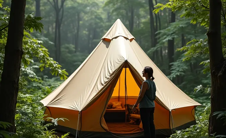 Mulher montando barraca de lona na floresta tropical brasileira.