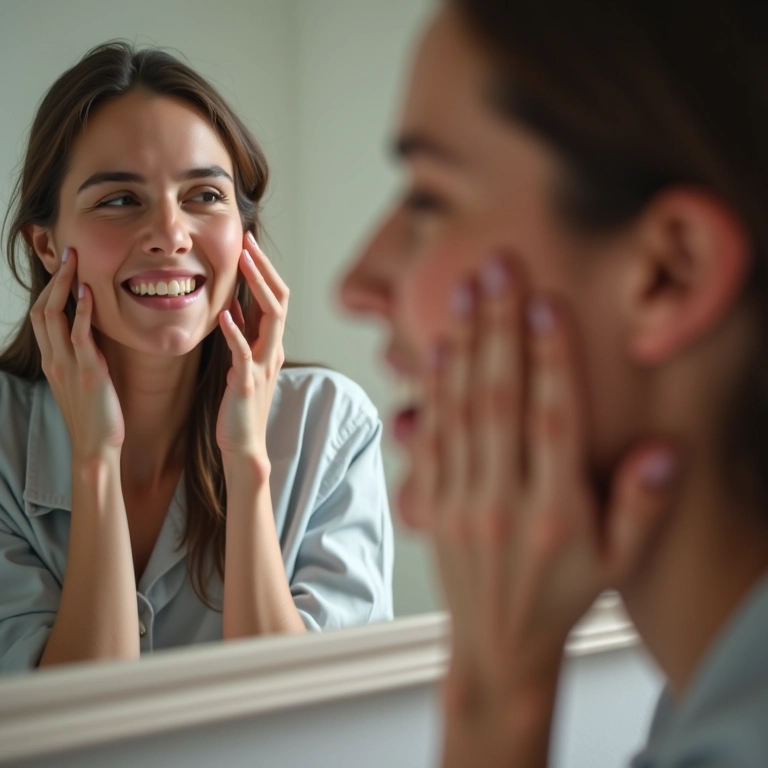 Mulher olhando no espelho, notando um dente descolorido.