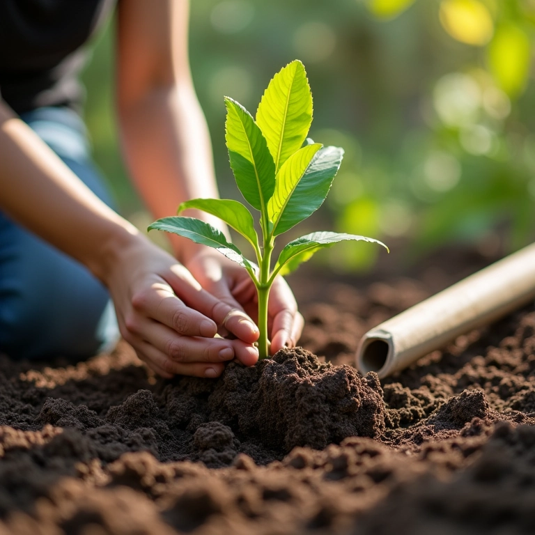 Mulher plantando muda de coqueiro em solo preparado.