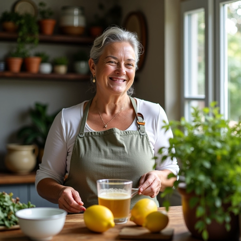 Mulher preparando chá de erva cidreira em cozinha ensolarada.