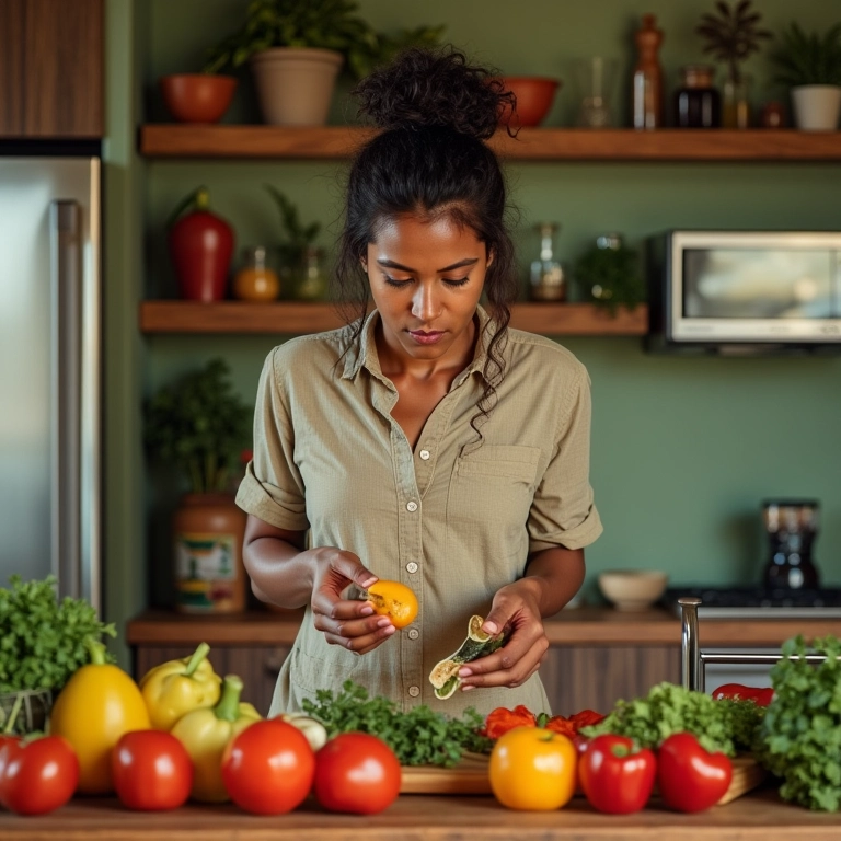Mulher preparando refeição saudável em cozinha estilo 'Farm Rio'.