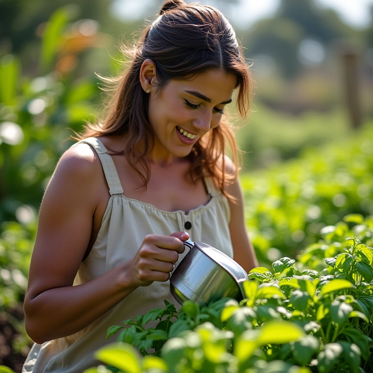 Mulher regando manjericão em um jardim ensolarado.