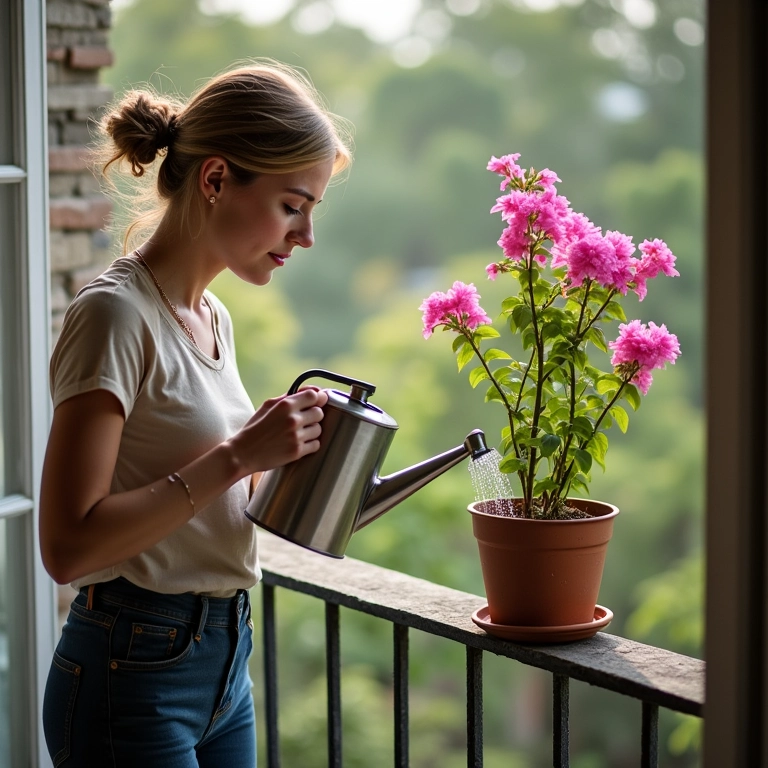 Mulher regando primavera em vaso com regador.