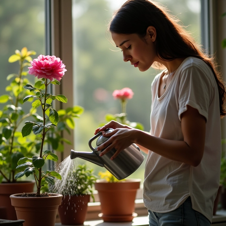 Mulher regando Rosa do Deserto em vaso com regador.