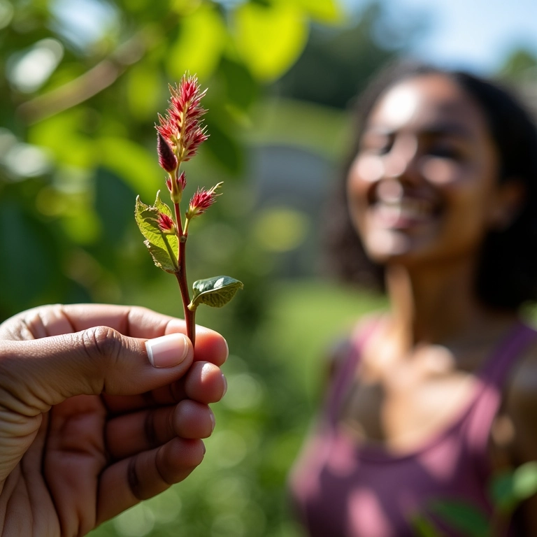 Mulher selecionando galho de hibisco para plantio.