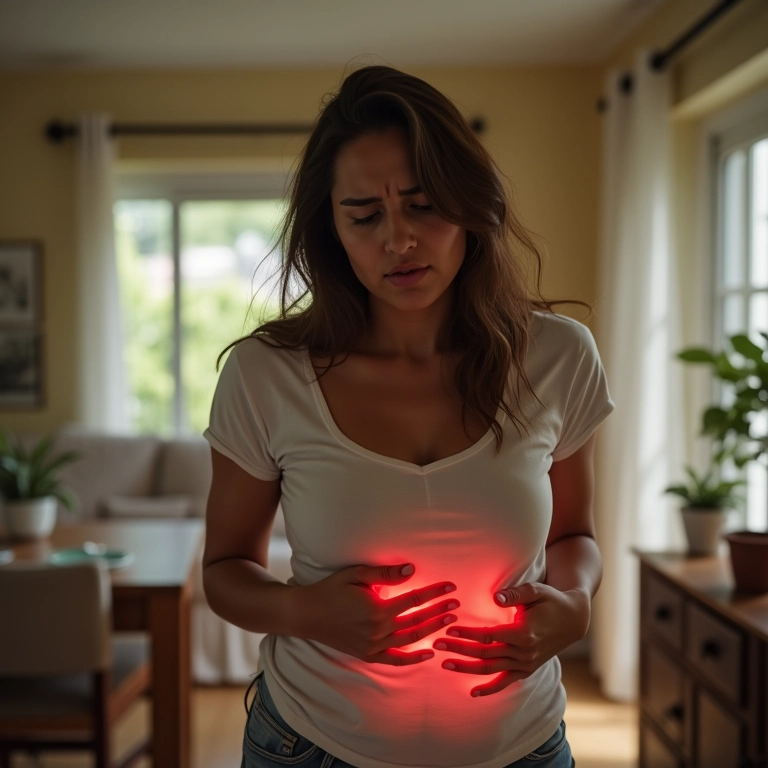 Mulher sentindo dor de estômago, sintoma de gastrite.