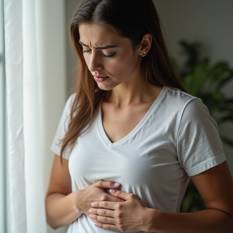 Mulher sentindo enjoo, sintoma da gastrite.