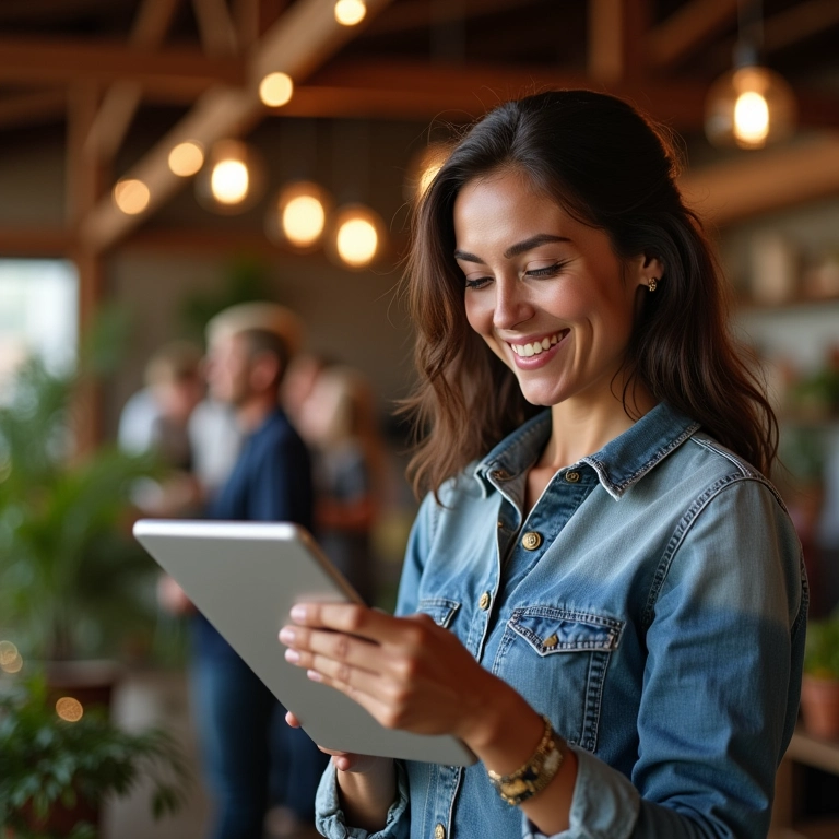 Mulher sorrindo ao analisar dados de estoque em tablet, simbolizando investimento inteligente.