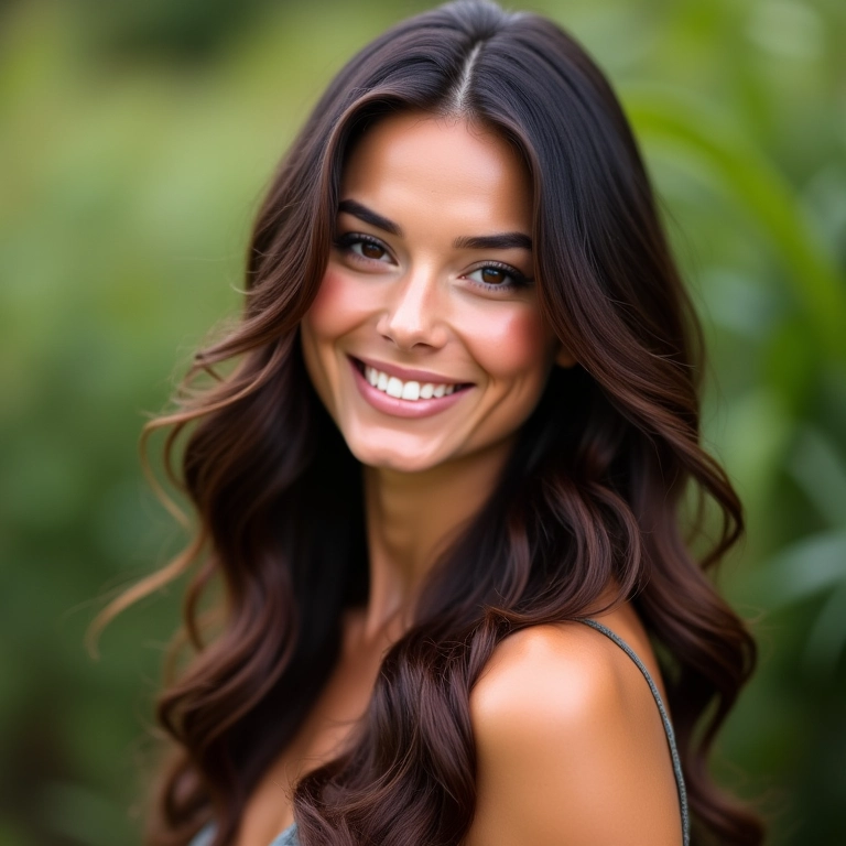 Mulher sorrindo com cabelo brilhante e natural após plástica dos fios, mostrando os benefícios do tratamento.