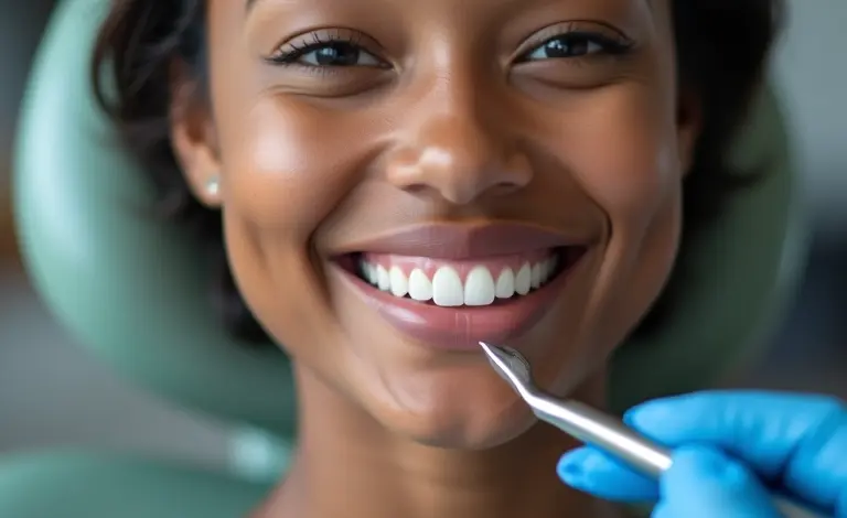 Mulher sorrindo em consultório odontológico durante exame, mostrando dentes saudáveis.