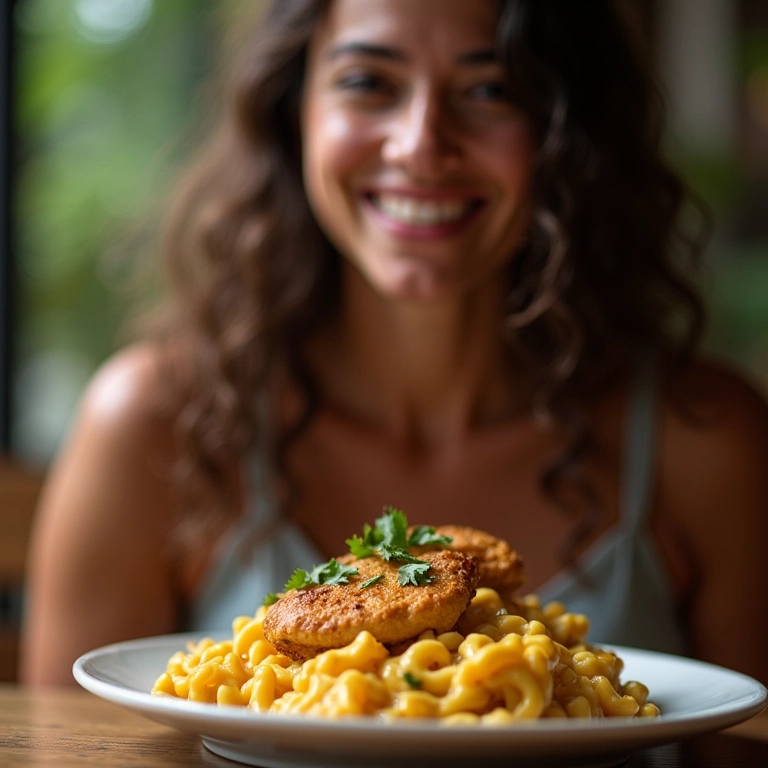 Mulher sorrindo enquanto saboreia macarrão com frango.