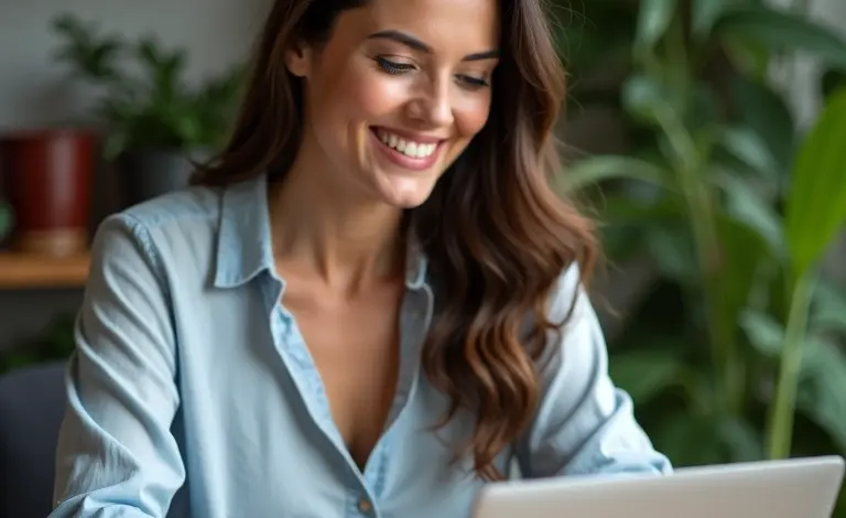 Mulher sorrindo usando Google Sheets para controle de ponto eletrônico.