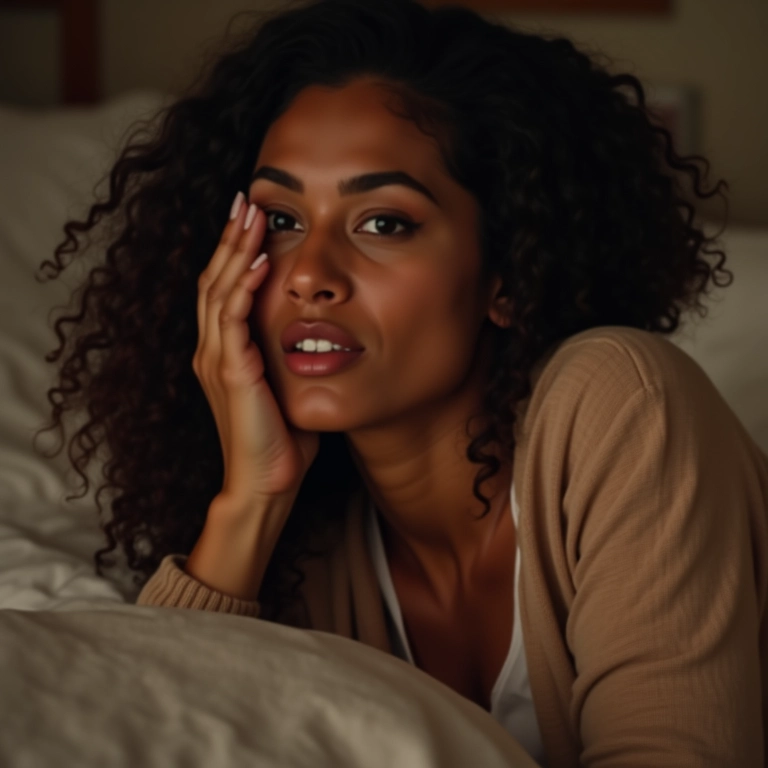 Mulher sussurrando sugestão positiva, ambiente aconchegante.