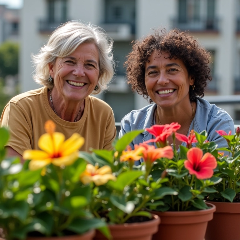 Mulheres cuidando de hibiscos plantados em vasos.
