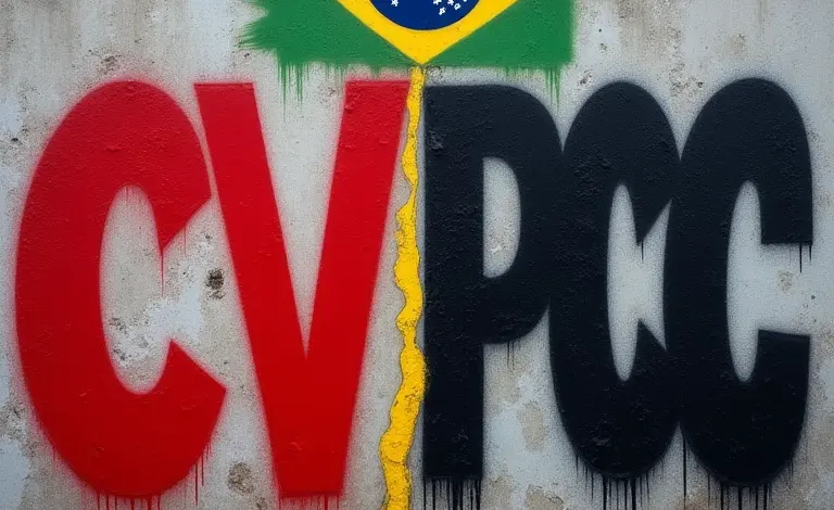 Muro com grafites 'CV' vermelho e 'PCC' preto sob bandeira brasileira dividida.