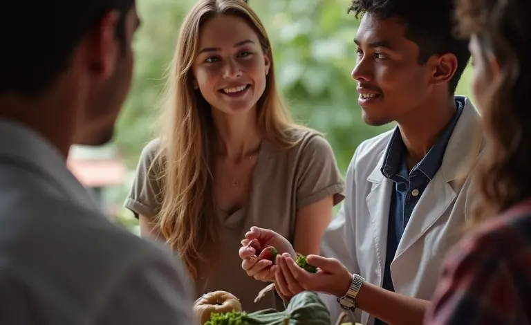 Nutricionista e nutrólogo explicando as diferenças entre suas profissões.