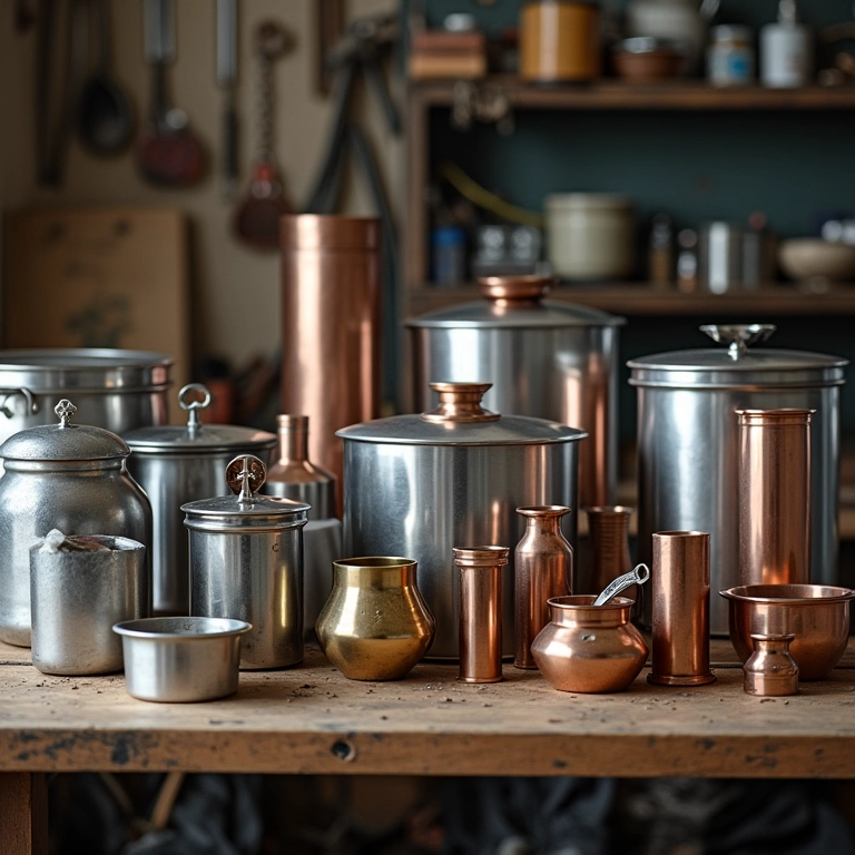 Objetos de metal: alumínio, cobre e latão.