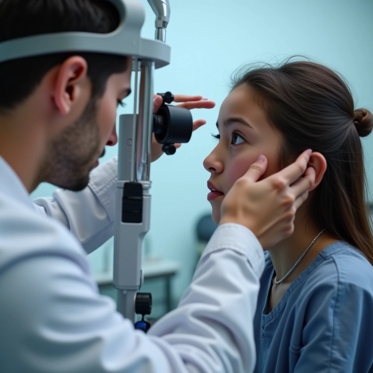 Oftalmologista examinando paciente para tratamento da miopia.