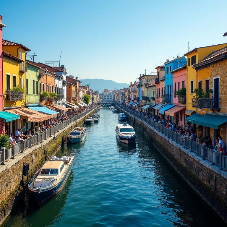 Paisagem de Recife com seus pontes e canais, prédios coloridos e barcos.