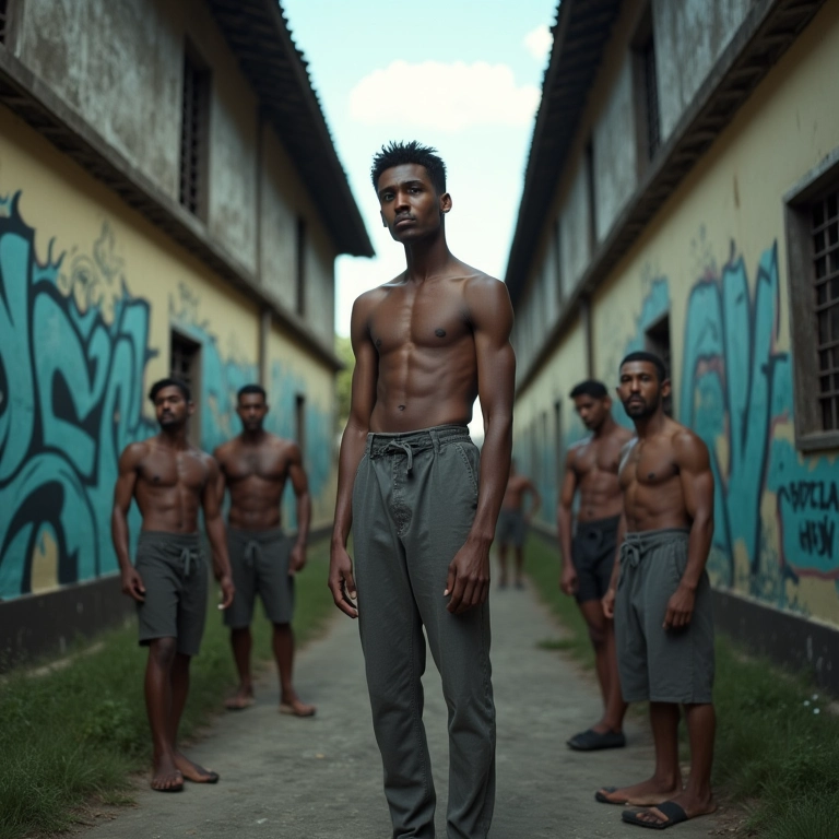 Pátio de prisão com presos e grafites 'CV', representando a rebelião nas prisões.