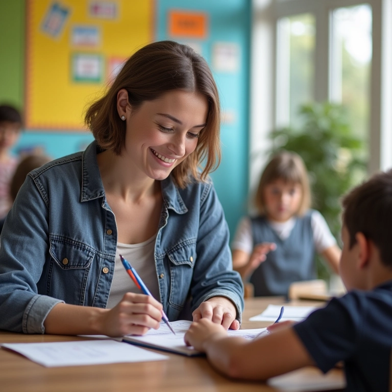 Pedagoga trabalhando em uma escola moderna e vibrante, colaborando com colegas.
