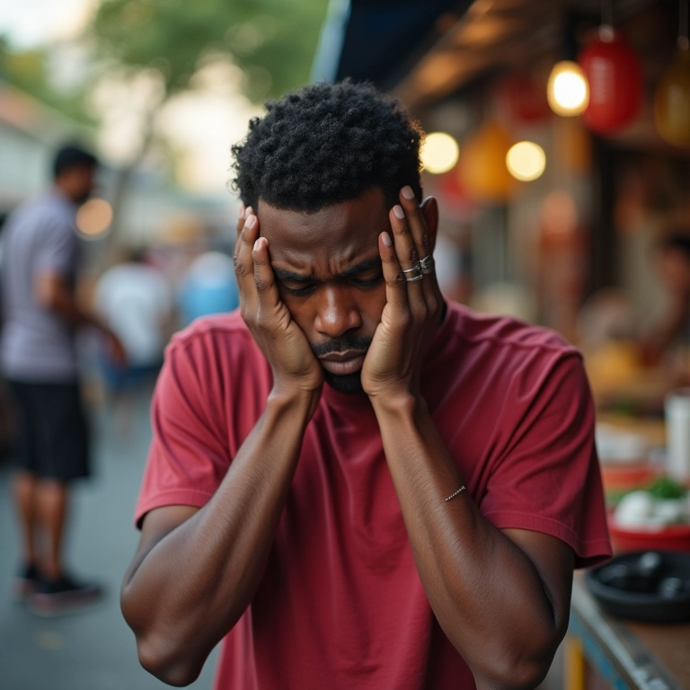 Pessoa lidando com frustração em mercado de rua brasileiro.