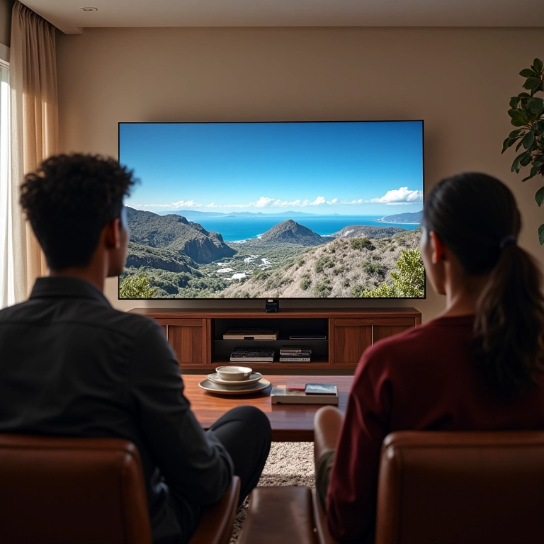 Pessoas assistindo TV QLED de diferentes ângulos com imagem nítida.