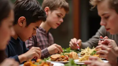 Pessoas comendo juntas, algumas com expressões desconfortáveis, ilustrando diferenças entre alergia e intolerância alimentar.