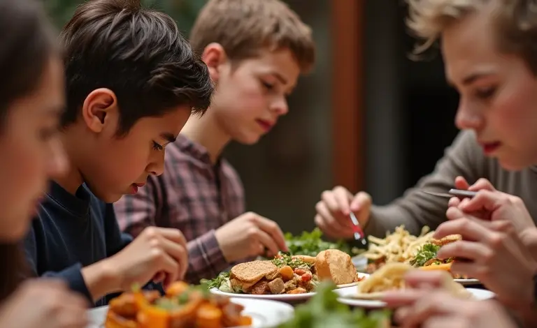 Pessoas comendo juntas, algumas com expressões desconfortáveis, ilustrando diferenças entre alergia e intolerância alimentar.