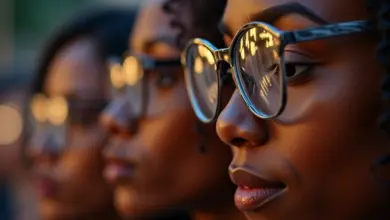 Pessoas diversas ajustando óculos, representando correção de visão para miopia e astigmatismo.