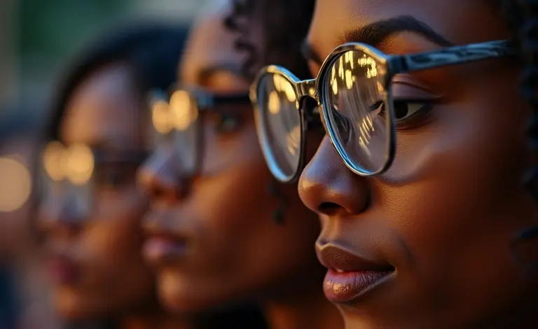 Pessoas diversas ajustando óculos, representando correção de visão para miopia e astigmatismo.