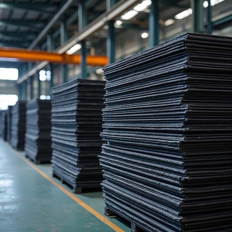 Pilhas de produtos de aço em um armazém.