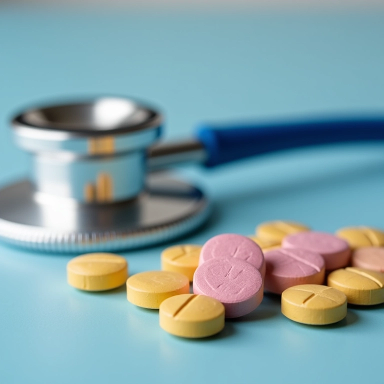 Pílulas de medicação e estetoscópio, representando medicamentos comuns para doenças arteriais.