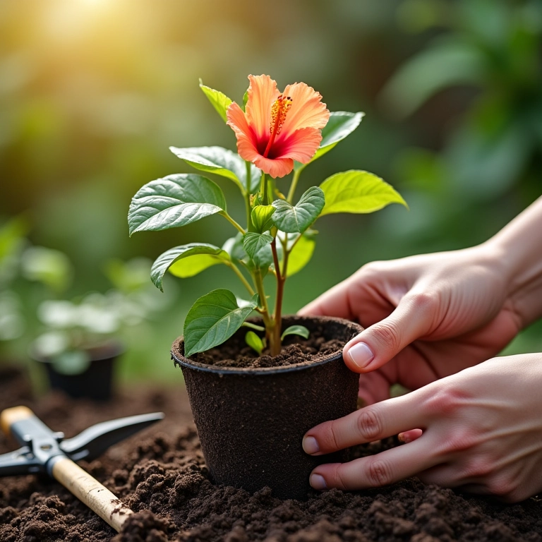 Plantando galho de hibisco em vaso com terra.