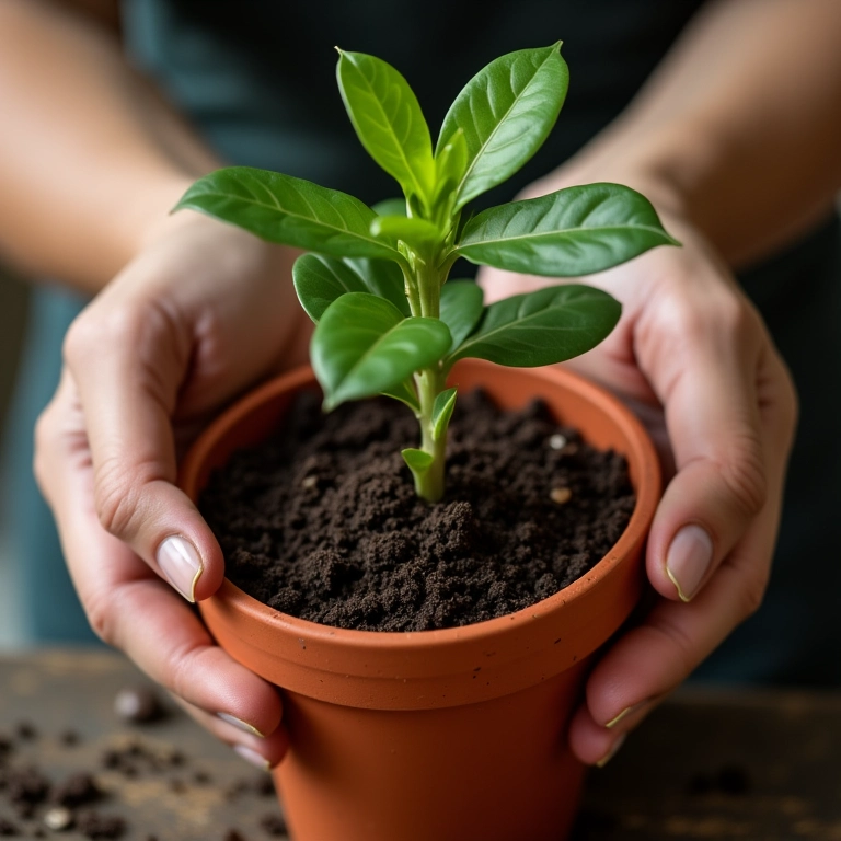 Plantando muda de primavera em vaso com solo preparado.