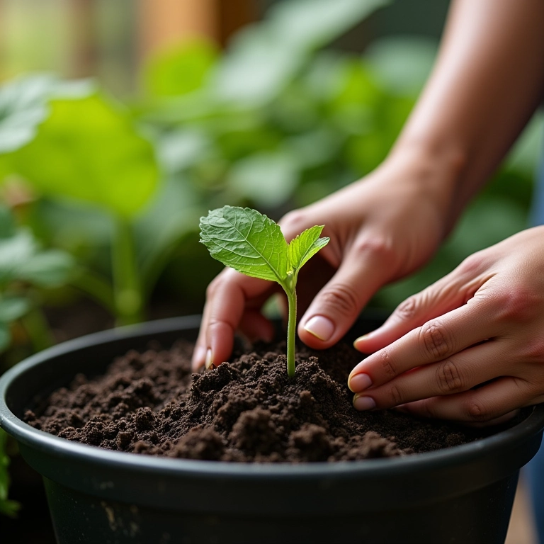 Plantando sementes de abobrinha em um vaso com cuidado e precisão.