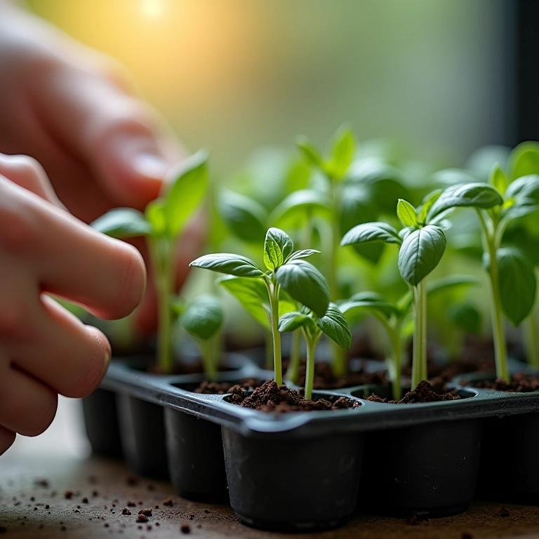 Plantando sementes de manjericão em uma bandeja de mudas.